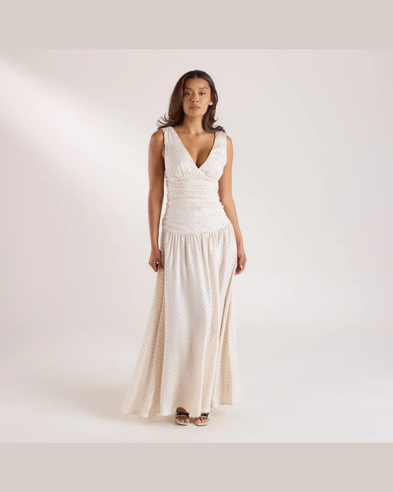 Lounge Cupro Blend Maxikleid - Weiß mit Tupfen White