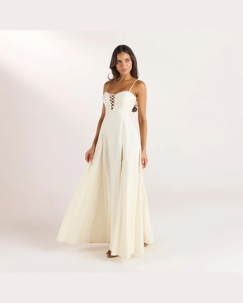 Lounge Bestickter Maxikleid mit Korsetdetail - Buttercreme Buttercream