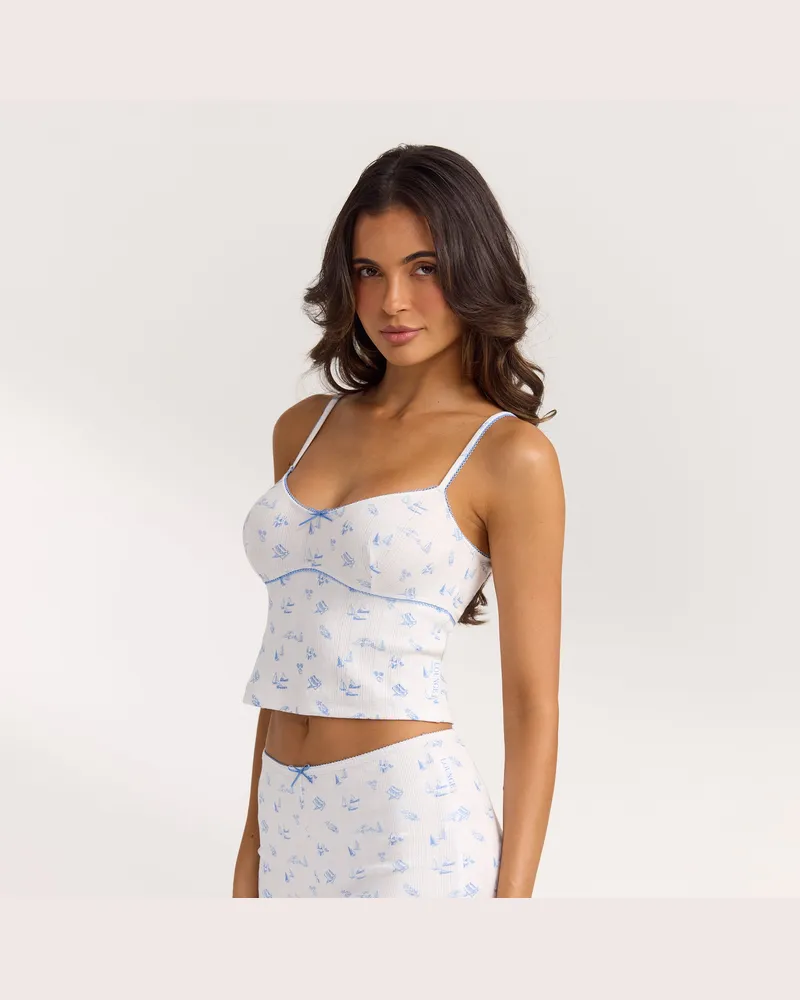 Lounge Pointelle Pyjama Cami-Top - Blaues Küstenmotiv Blue