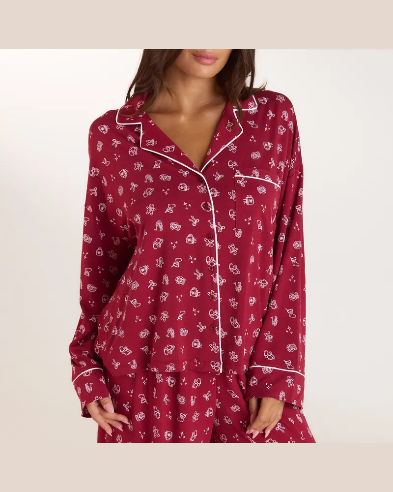 Lounge Christmas Cottage Pyjamaoberteil aus Modal - Rotes Muster Red