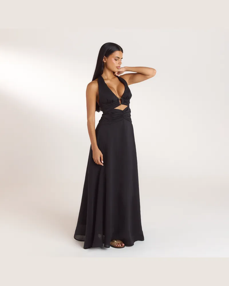 Lounge Gerüschtes Tencel Maxikleid - Schwarz Black