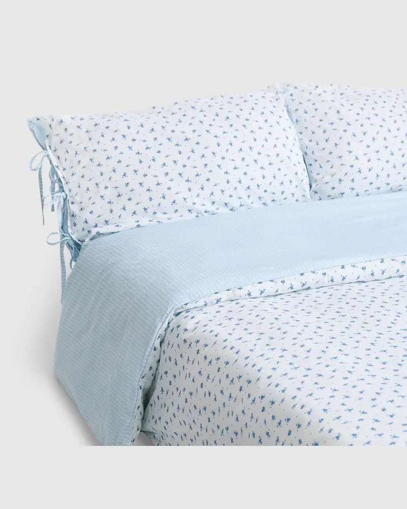 Lounge Bloom  Stripe Reversible Duvet Cover - Blue Floral Print - King Blue