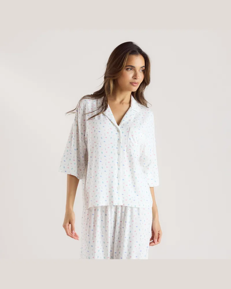 Lounge Modal Pyjama-Shirt mit kurzen Ärmeln - Florales Weiß White