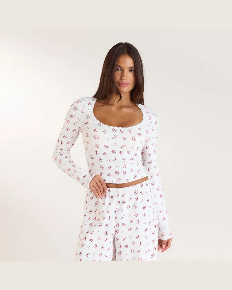 Lounge Christmas Cottage Pyjamaoberteil aus Pointelle - Weißes Muster White