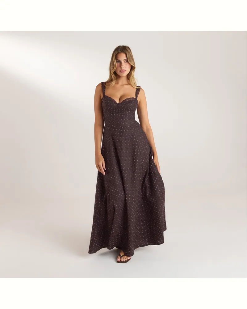 Lounge Maxikleid mit Spitzenbesatz - Schokolade mit Punkten Brown