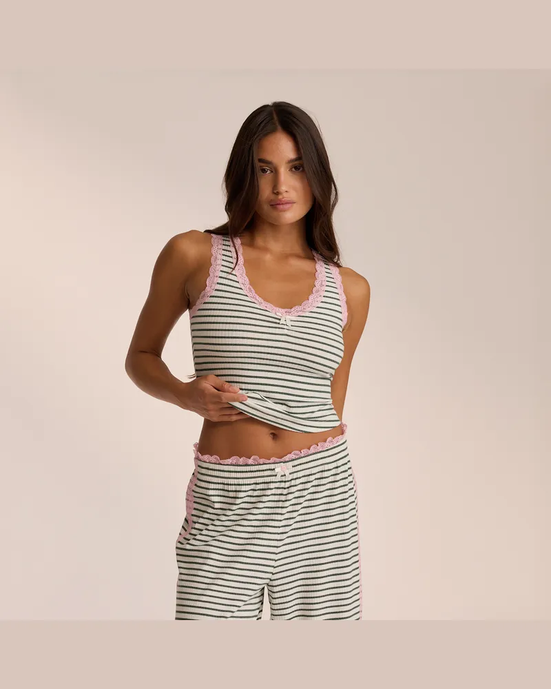 Lounge Pyjamaoberteil mit Spitze - Grüner Streifen Streifen