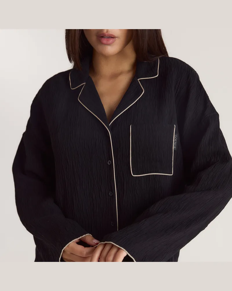 Lounge Crinkle Pyjamahemd - Schwarz Das perfekte Geschenk für sie Black