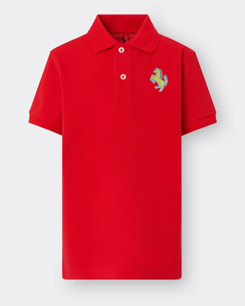 Ferrari Poloshirt Aus Baumwoll-piqué Mit „cavallino Rampante“-aufnäher - Male Poloshirts Rosso Corsa Rosso