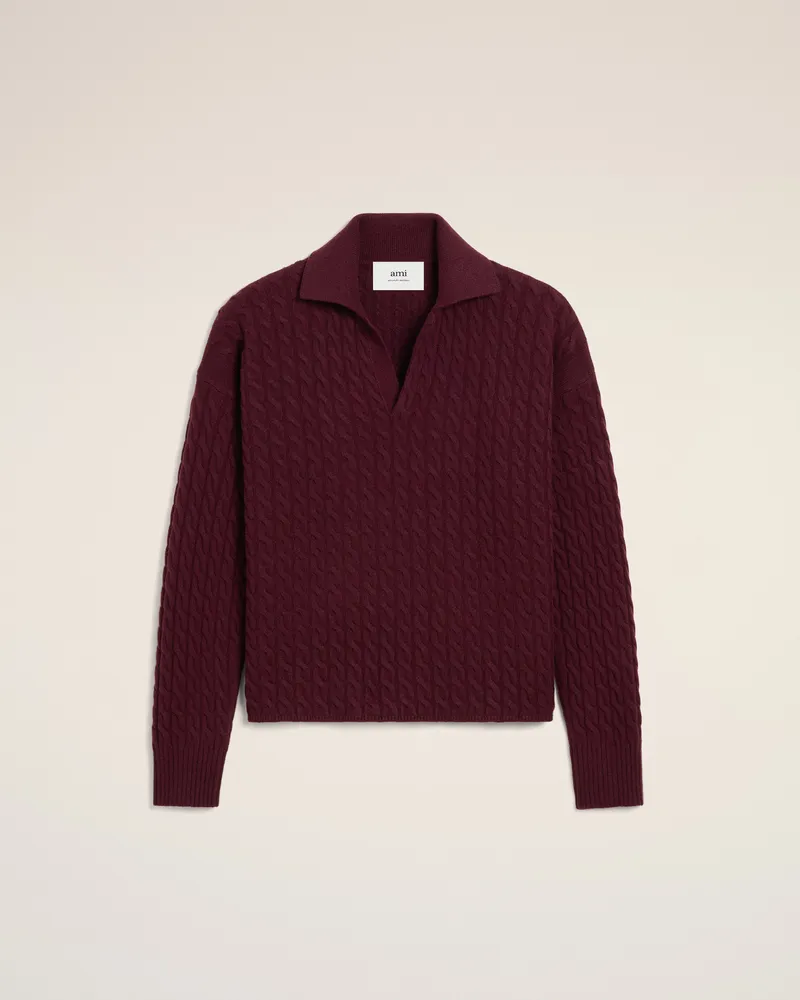 AMI Paris Polohemd aus Wolle mit Zopfmuster in Burgundy Rot Unisex Cherry