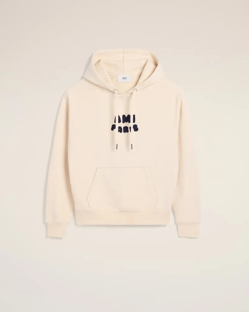 AMI Paris Beigefarbener Kapuzenpullover aus Baumwolle mit Ami Paris Aufnäher Weiß Unisex Weiss