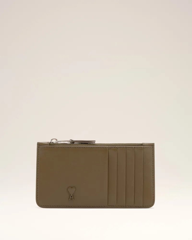 AMI Paris Ami De Coeur Kartenetui aus grünem Glattleder mit Reißverschluss Braun Unisex Bronze