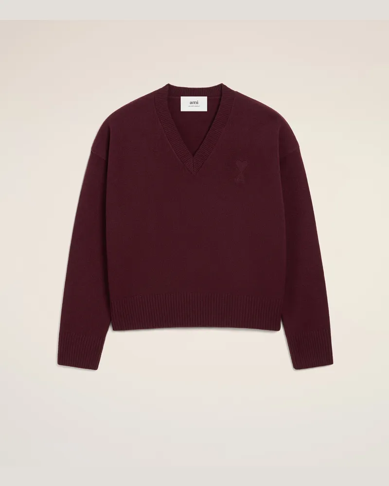 AMI Paris Ami De Coeur Pullover mit V-Ausschnitt aus Wolle in Burgundy Rot Unisex Cherry