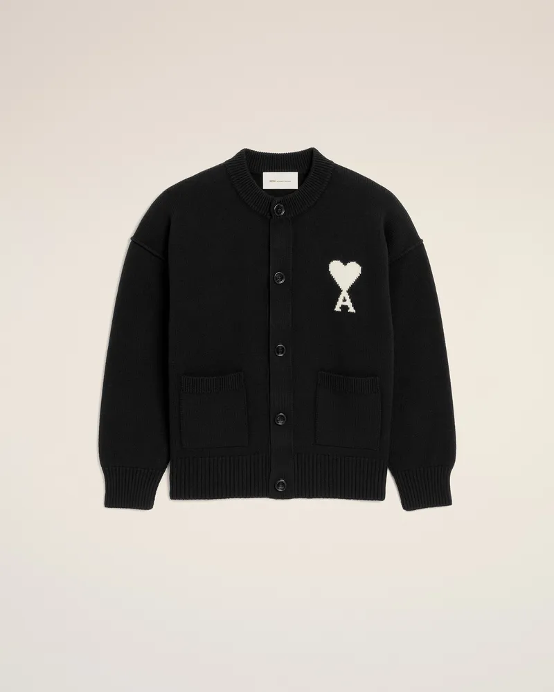 AMI Paris Ami de Coeur Cardigan aus schwarzer Wolle mit Rundhalsausschnitt Schwarz - Größe Unisex Schwarz