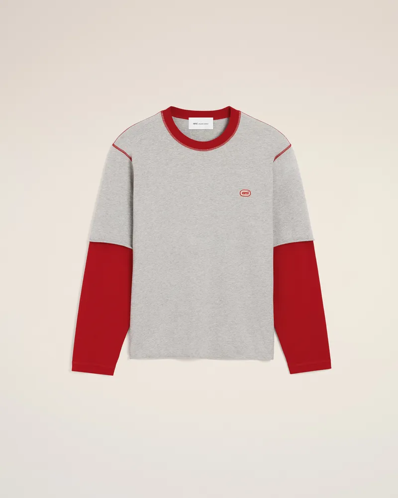 AMI Paris Graues T-Shirt aus Baumwolle mit doppelten Ärmeln und Ami Patch Grau - Größe für Herren Aschgrau