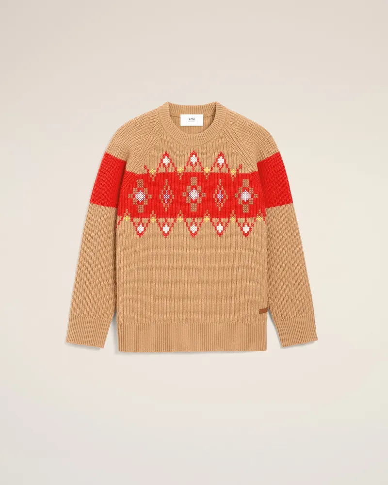 AMI Paris Pullover aus brauner Wolle mit Rundhalsausschnitt und Kreuzstich Braun Unisex Camel