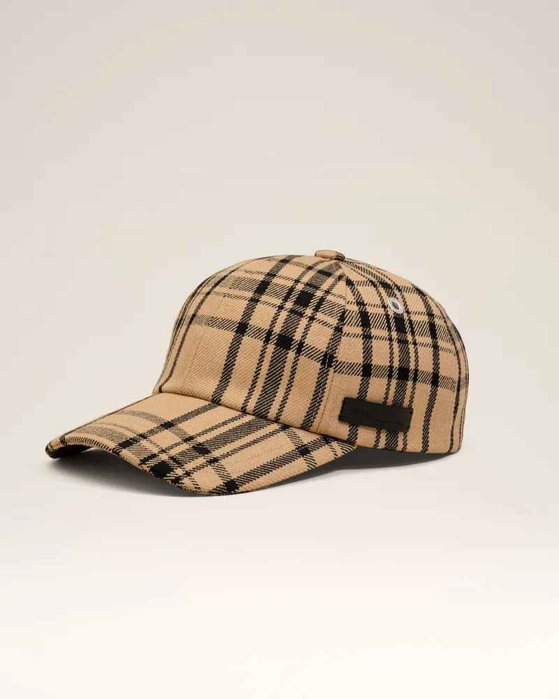 AMI Paris Kappe aus brauner Wolle mit kariertem Aufnäher Braun Unisex Camel