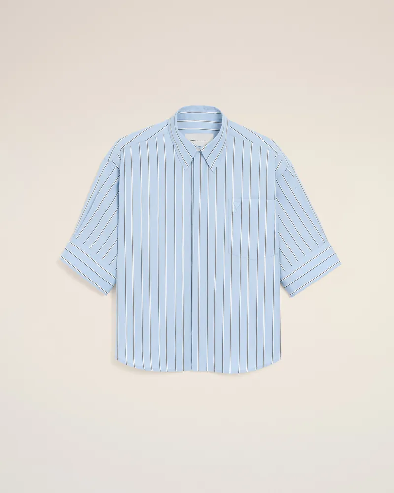 AMI Paris Ami de Coeur Hemd aus blau gestreifter Baumwolle mit kurzen Ärmeln und geprägtem Logo Blau - Größe für Damen Kaschmirblau