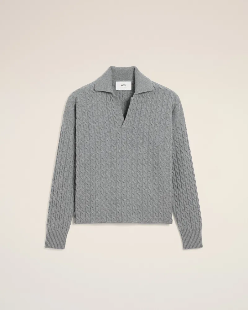 AMI Paris Polohemd aus grauer Wolle mit Zopfmuster Grau Unisex Grau