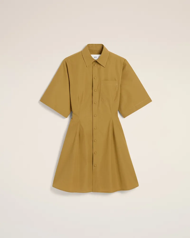 AMI Paris Hemdkleid aus Baumwolle mit kurzen Ärmeln in Mustard Braun - Größe für Damen Havana