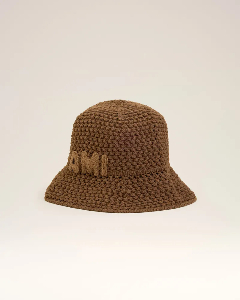 AMI Paris Fischerhut aus brauner Baumwolle mit gestricktem Ami Aufnäher Braun Unisex Hazelnut