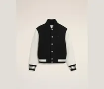 Teddyjacke aus schwarzer, wattierter Wolle und Leder mit Ami Paris Stickerei Schwarz - Größe für Herren