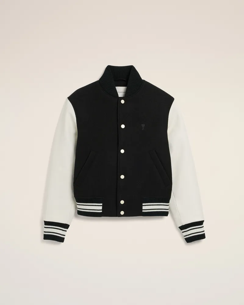 AMI Paris Teddyjacke aus schwarzer, wattierter Wolle und Leder mit Ami Paris Stickerei Schwarz - Größe für Herren Schwarz
