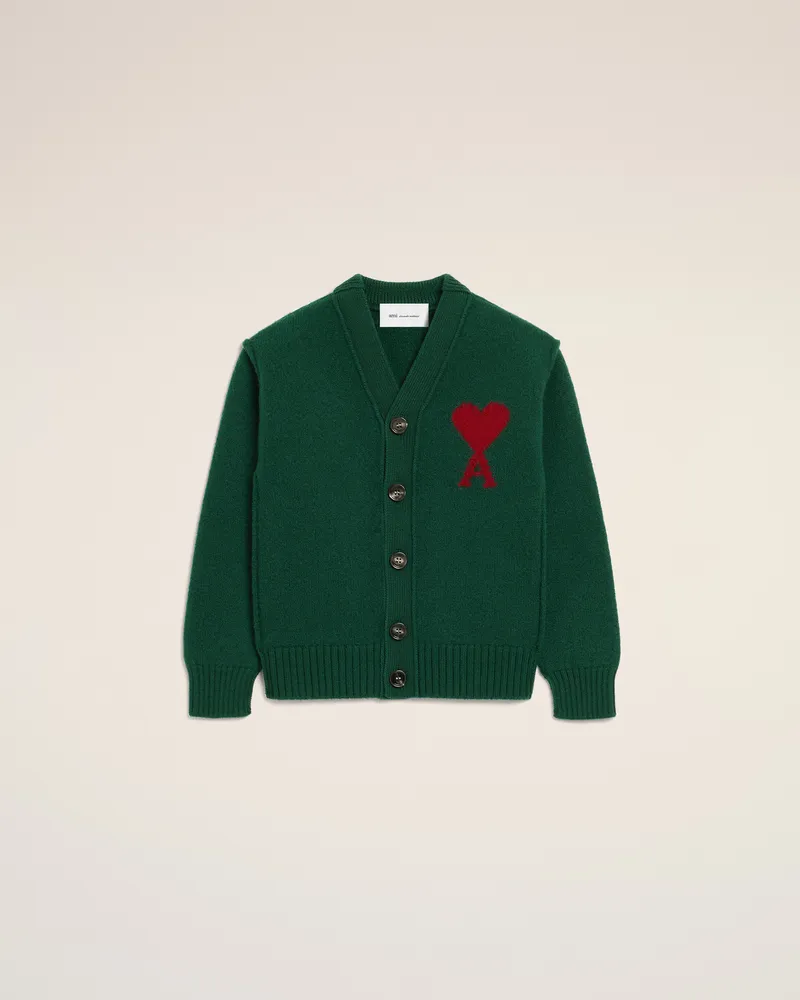 AMI Paris Ami de Coeur Cardigan aus grüner Wolle Grün Unisex Flaschengrün