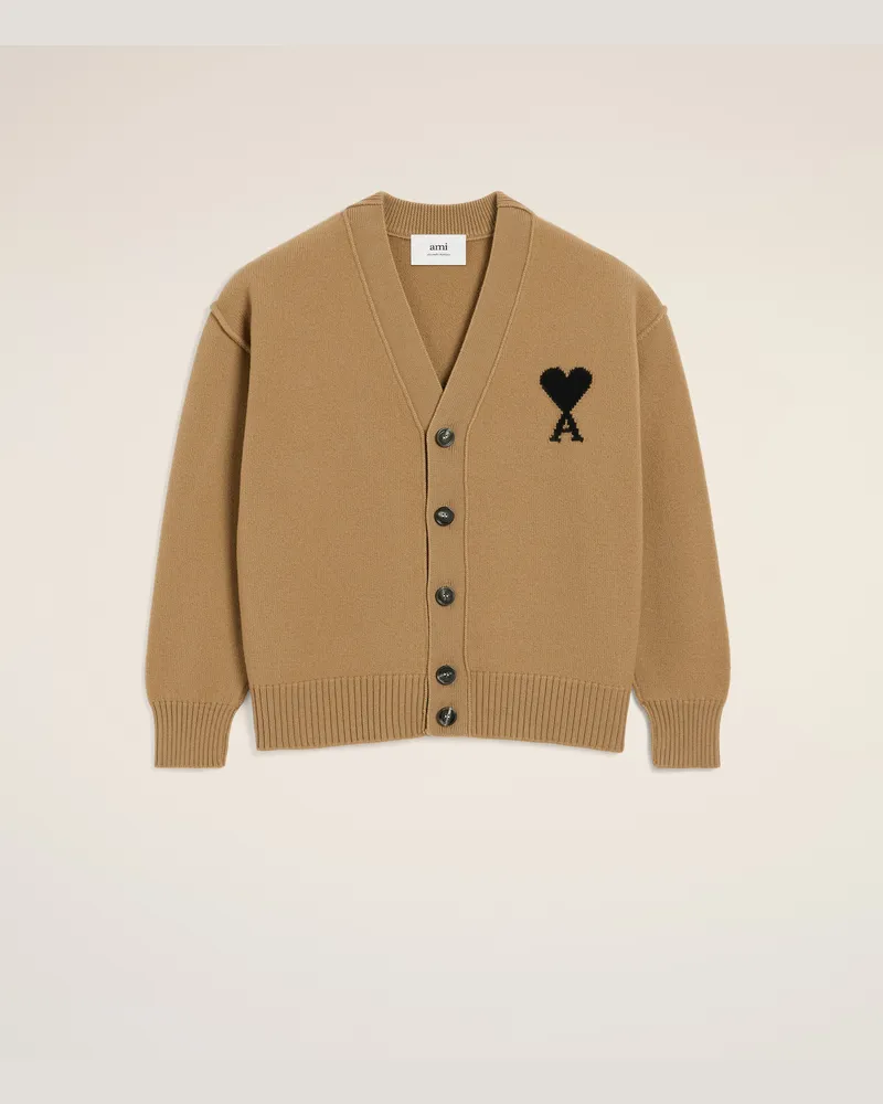 AMI Paris Ami De Coeur Cardigan aus brauner Wolle Braun Unisex Camel