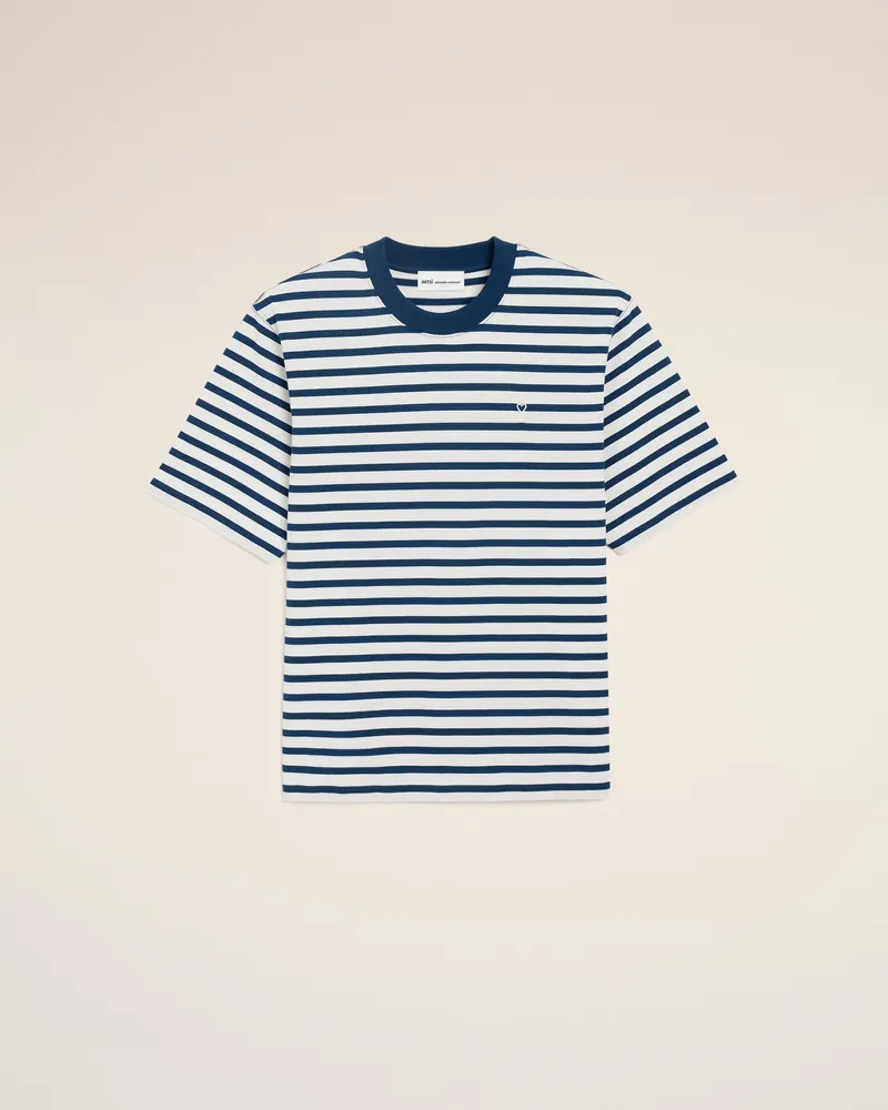 AMI Paris Blaues Ami de Coeur T-Shirt aus Baumwolle im Boxy-Fit im Marinière-Stil Blau Unisex Tinte