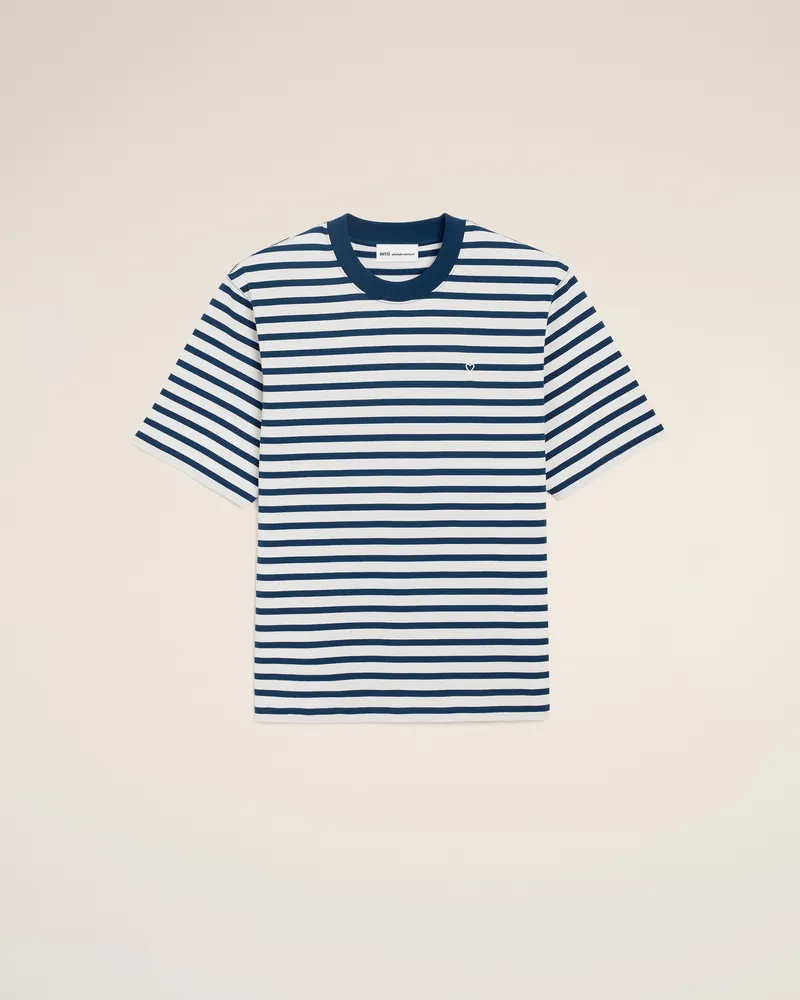 AMI Paris Blaues Ami de Coeur T-Shirt aus Baumwolle im Boxy-Fit im Marinière-Stil Blau Unisex Tinte