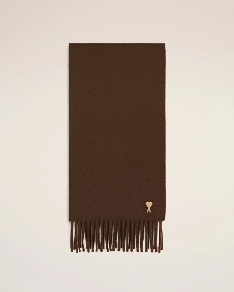 AMI Paris Ami de Coeur Schal aus brauner Wolle mit Patch Braun - Größe Unisex Schokoladenbraun