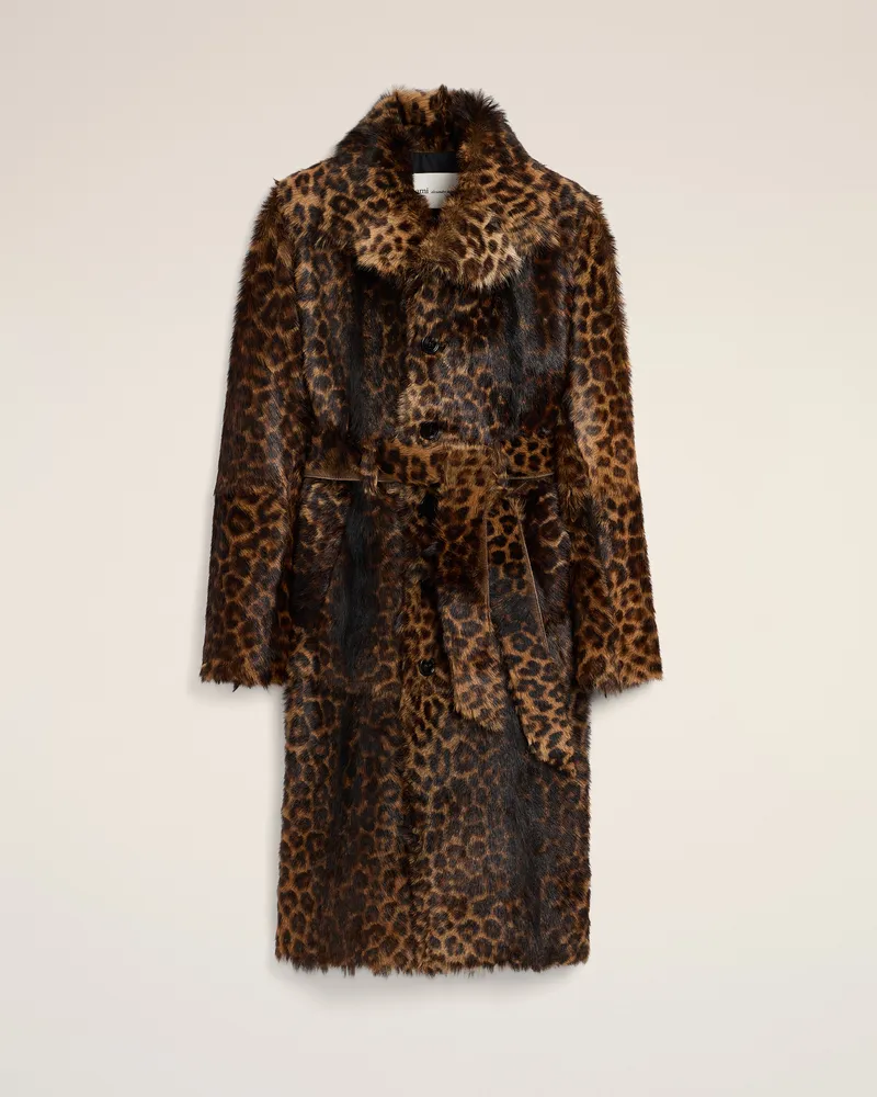 AMI Paris Langer Mantel aus Ziegenleder mit Leopardenmuster und Gürtel Braun - Größe für Damen Schokoladenbraun