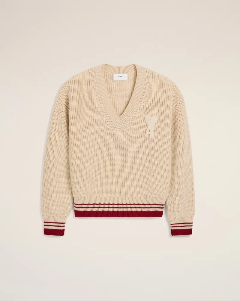 AMI Paris Beigefarbener gerippter Pullover mit V-Ausschnitt aus Wolle Weiß Unisex Weiss