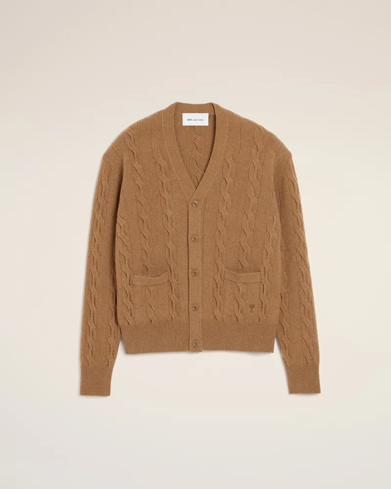 AMI Paris Cardigan aus brauner Woll-Cable-Strick Braun Unisex Camel
