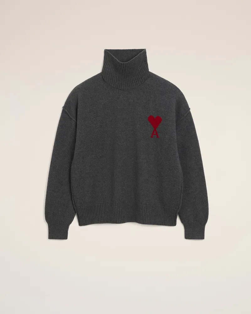AMI Paris Ami de Coeur Pullover aus grauer Wolle mit Funnelkragen Grau Unisex Heather