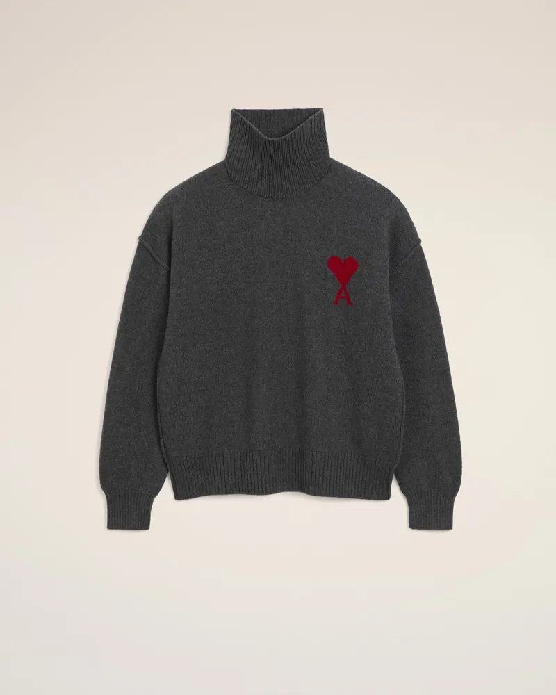 AMI Paris Ami De Coeur Pullover mit hohem Stehkragen aus Wolle in Grau Grau Unisex Heather
