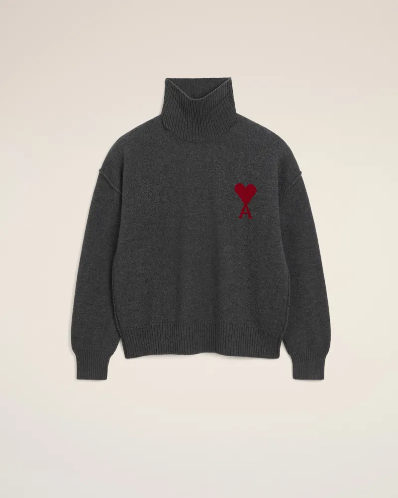 AMI Paris Ami De Coeur Pullover mit hohem Stehkragen aus Wolle in Grau Grau Unisex Heather