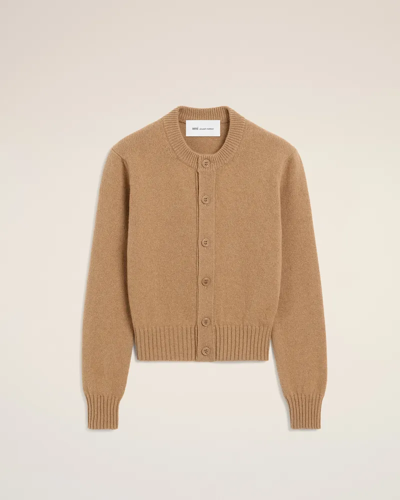 AMI Paris Ami de Coeur Cardigan aus beigem Kaschmir mit Rundhalsausschnitt Braun - Größe für Damen Camel