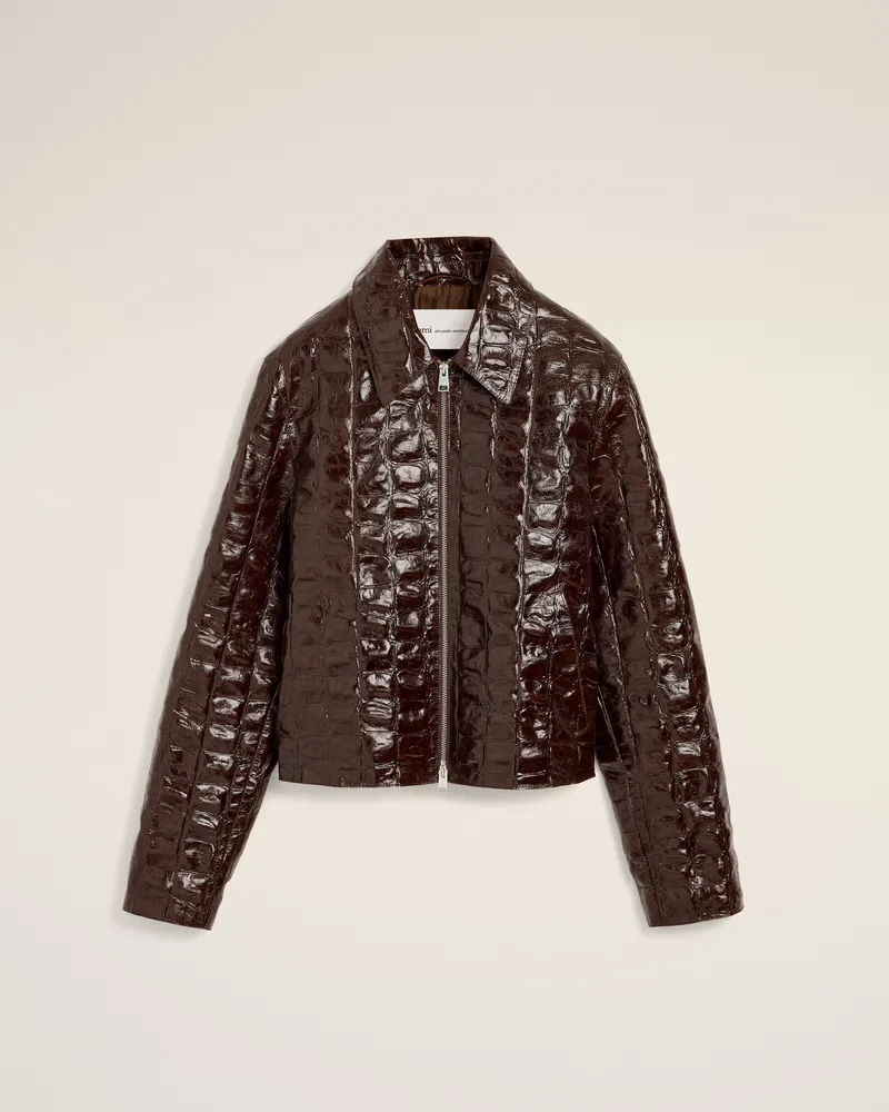 AMI Paris Bordeauxfarbene, krokodilgeprägte Lederjacke mit Reißverschluss Rot - Größe Unisex Dunkle