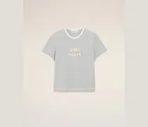 Graues Ami Paris T-Shirt aus Baumwolle mit gestricktem Patch Grau Unisex