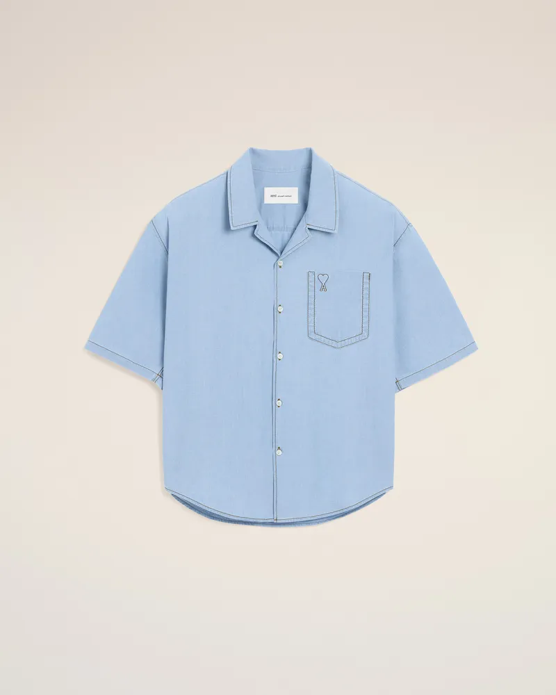 AMI Paris Boxy-Hemd aus blauem Baumwollstoff mit kurzen Ärmeln und Ami de Coeur Prägung Blau für Herren Cashmere