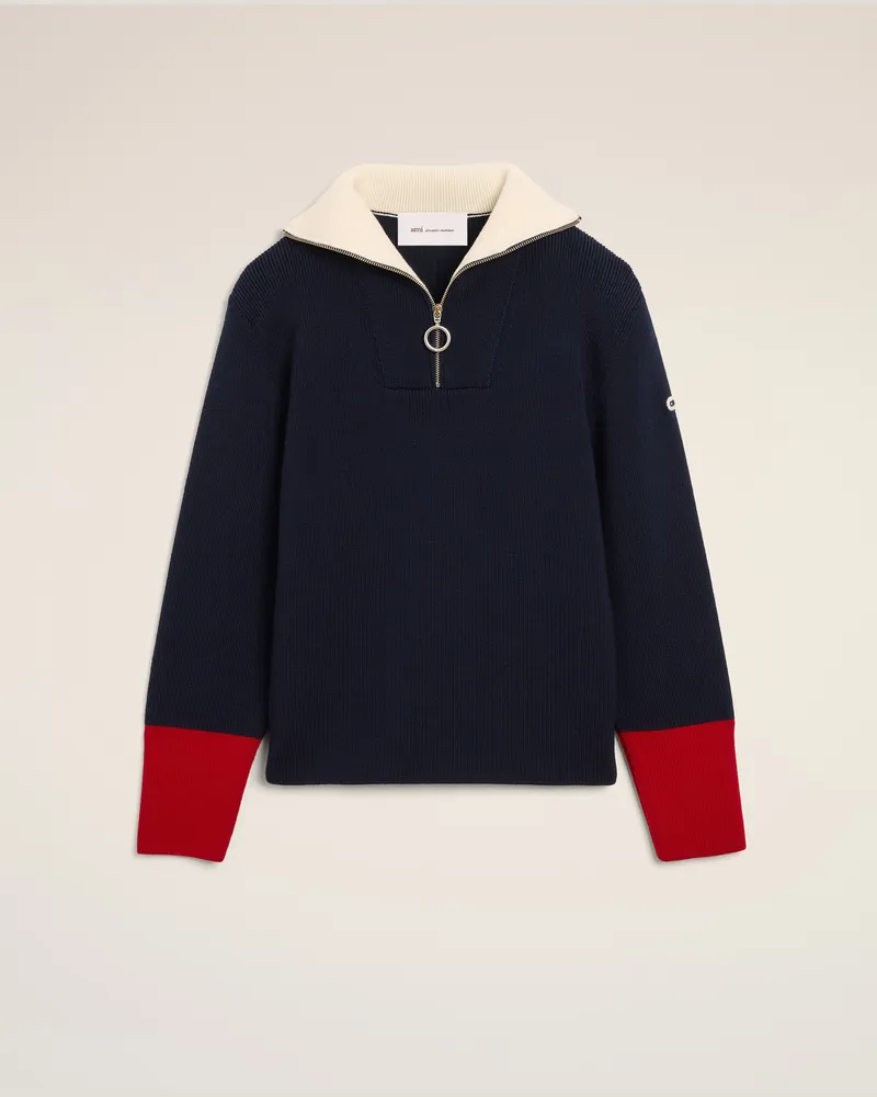 AMI Paris Pullover aus blauer Wolle mit Reißverschlusskragen Blau - Größe Unisex Navy