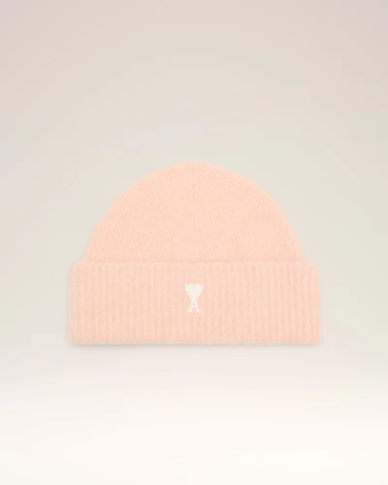 AMI Paris Gestreifte Ami De Coeur Mütze aus rosafarbener Alpakawolle Rosa Unisex Powder