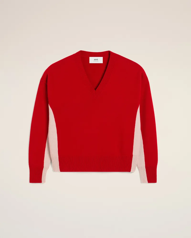 AMI Paris Zweifarbiger Pullover aus roter Wolle mit V-Ausschnitt Rot - Größe für Herren Poppy
