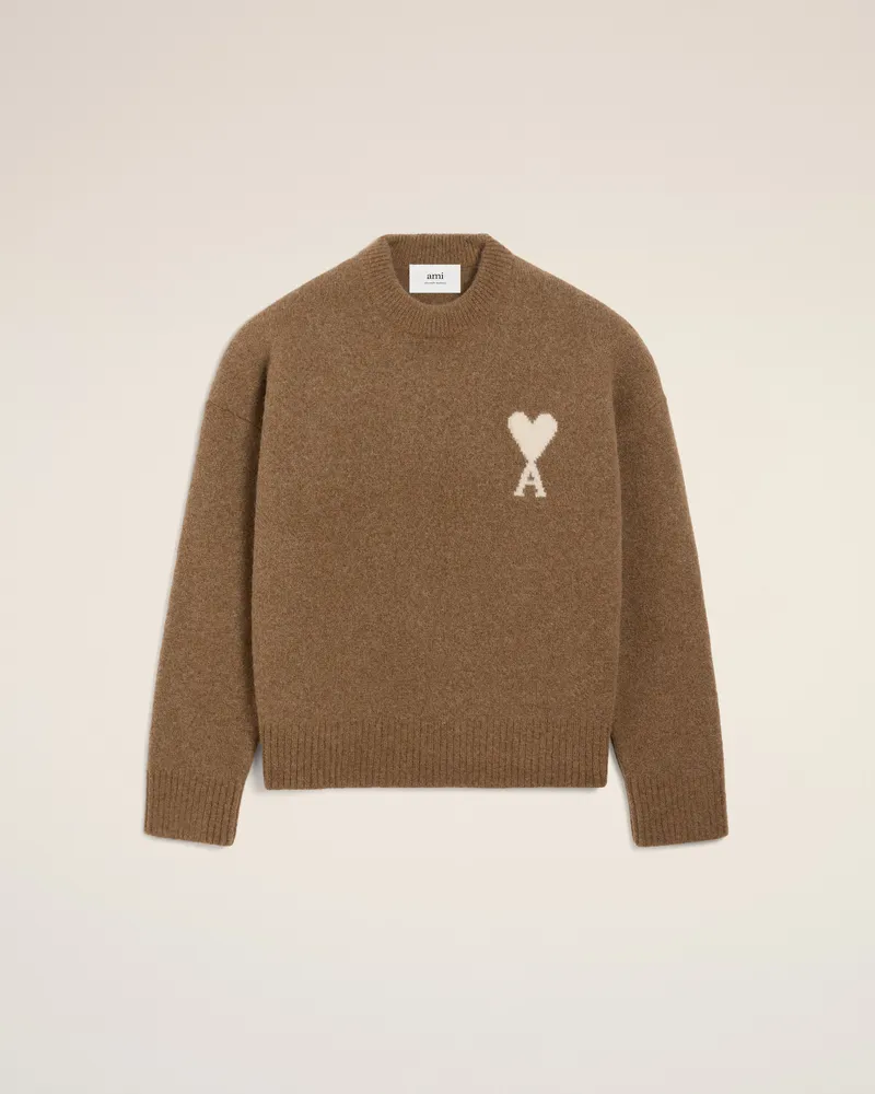 AMI Paris Ami De Coeur Pullover mit Rundhalsausschnitt aus brauner Alpakawolle Braun Unisex Hazelnut