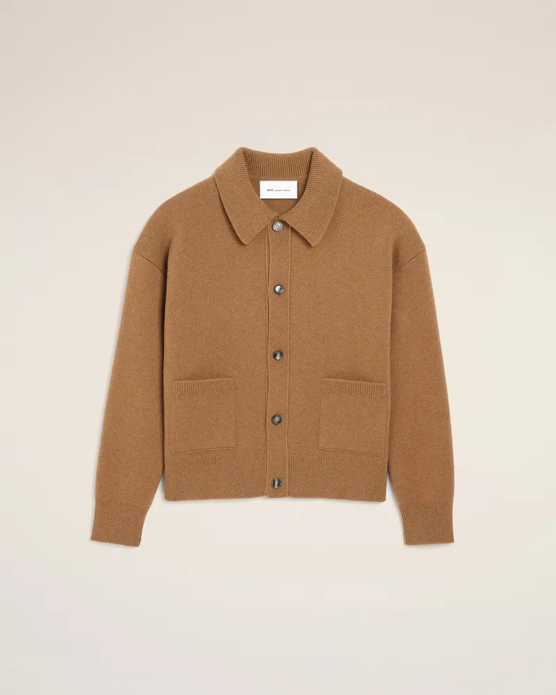 AMI Paris Cardigan mit Hemdkragen aus brauner Wolle Braun - Größe für Herren Camel
