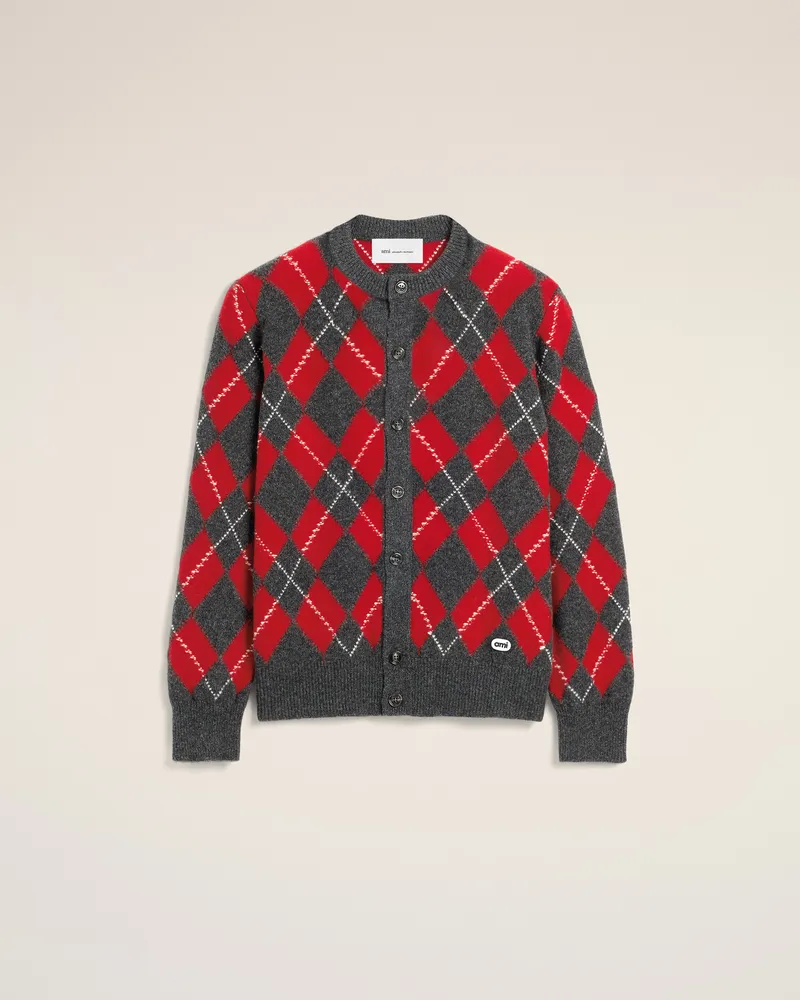 AMI Paris Grauer Wollcardigan mit rotem Argyle-Muster Grau - Größe für Herren Kohlenstoffgrau