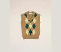 Ärmelloser Pullover aus brauner Wolle und Baumwolle mit Argyle-Intarsia Beige für Herren