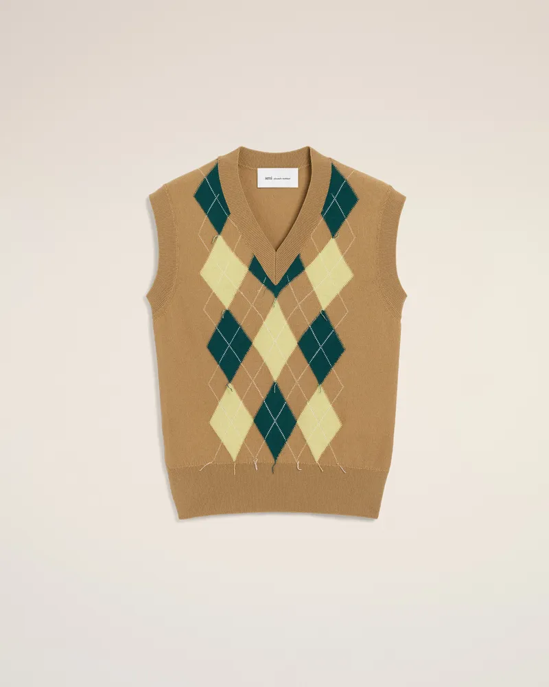 AMI Paris Ärmelloser Pullover aus brauner Wolle und Baumwolle mit Argyle-Intarsia Beige für Herren Kamel