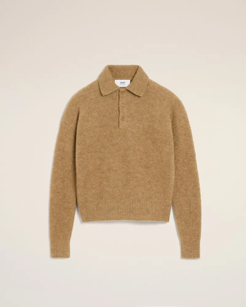 AMI Paris Langärmeliges Ami Polohemd aus brauner Alpakawolle Braun für Herren Camel